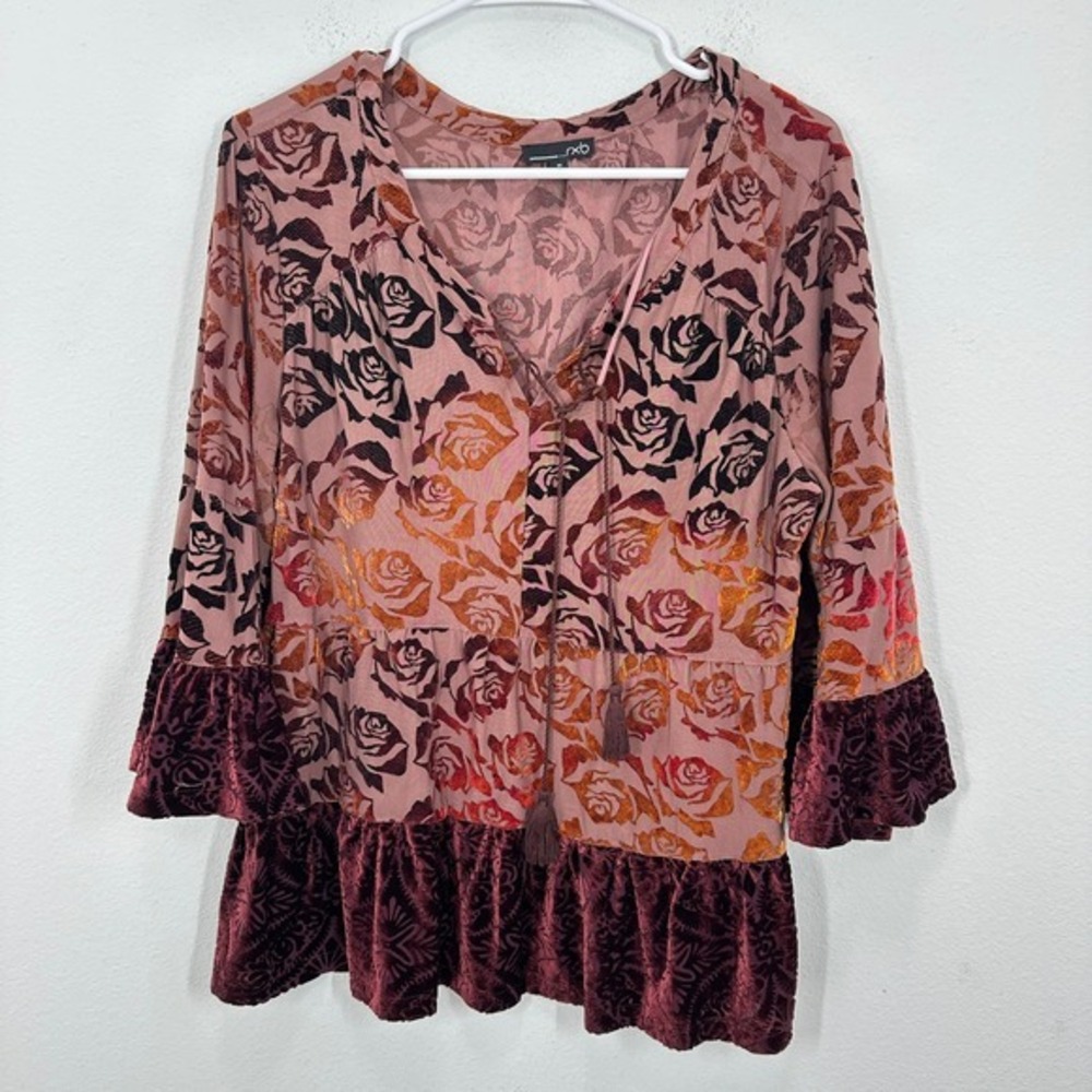 RXB Rose‎ Burnout Velvet Tiered Ruffle Sleeve Tunic Tassle V Neck Top M